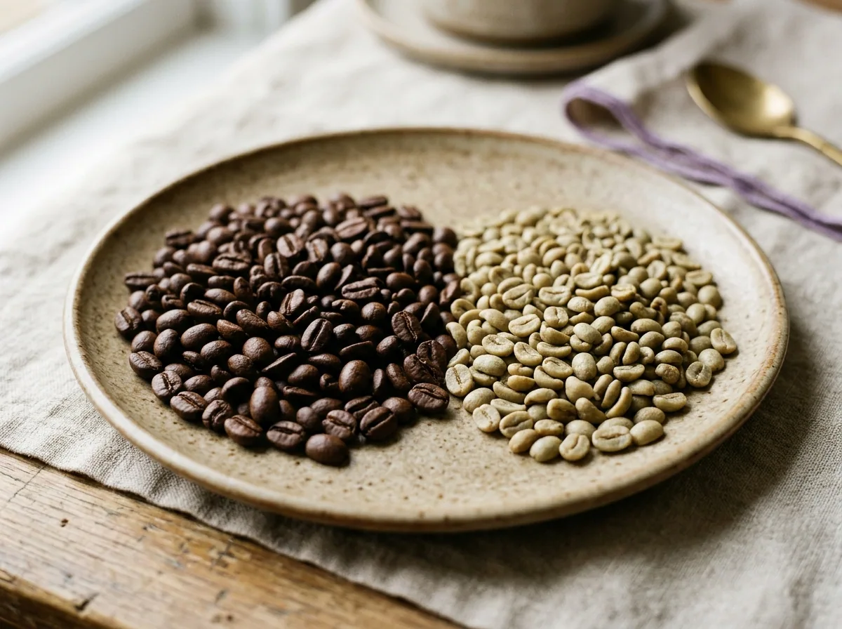 Geröstete und grüne Kaffeebohnen auf neutraler Fläche